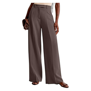 Pantalon taille haute à jambes larges, couleur unie, plissé, longueur complète, élégant, en crêpe, infroissable, coupe ample, style automne - Product Image 1