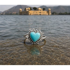 Bague en argent sterling 925 avec cœur en larimar et halo perlé, bijoux en pierres précieuses faits à la main, bague unique pour femme - Product Image 3