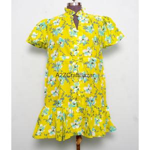 Robe Courte Femme 100% Coton Tricotée Col V Manches Courtes Coupe Trapèze Imprimé Floral Numérique Lavable Respirante Idéale Bureau - Product Image 1