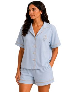 Conjunto de Pijama de Verano para Mujer, Color Azul Cielo, Personalizado, Manga Corta, con Botones, Ropa de Dormir Suave y Transpirable, con Ribete en Contraste - Product Image 1