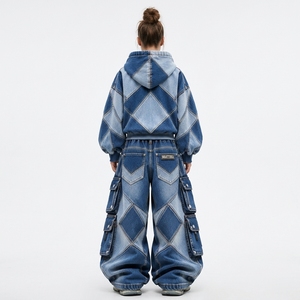 <b>Womens</b> Blue Patchwork Denim Hoodie And <b>Baggy</b> Cargo <b>Jeans</b> Set Contrast Panels Oversized Streetwear Two Piece Custom OEM Wholesale - Product Image 2
