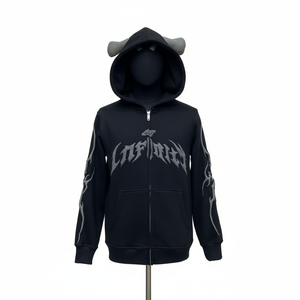 Sudadera con capucha doble negra de alta calidad para hombre con cremallera y logotipo personalizado impreso en varios colores. - Product Image 1