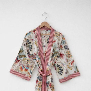 Peignoir léger en coton imprimé à la main, 100 % coton, motif floral, kimono long pour femme, vêtement ethnique - Product Image 1