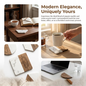 Sous-verre en marbre et bois d'acacia, sous-verre de luxe pour boissons, décoration moderne de style farmhouse, cadeau personnalisé pour la maison - Product Image 4