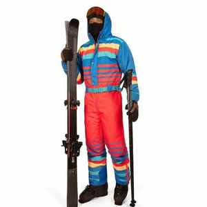 Men's Color Blocked <b>Ski</b> Jumpsuit Hooded Waterproof One Piece Snow Wear Synthetic Insulated Outdoor Sport Suit Red Blue Striped - Product Image 5