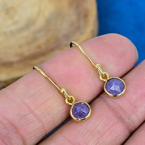 Natural Purple Tanzanite Round Shape Gemstone Drop Earring Handmade 18k Micron Gold Over 925 <b>Sterling</b> <b>Silver</b> - Product Image 1