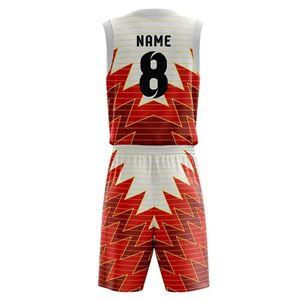 Ensemble short et maillot de basket personnalisé par sublimation, unisexe adulte, motif géométrique rouge et blanc, respirant, toutes saisons, coupe athlétique - Product Image 1