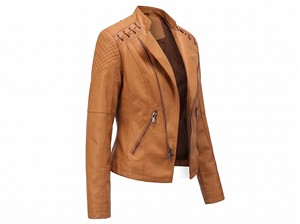 <b>Women's</b> Tan Genuine <b>Leather</b> Motorcycle <b>Jacket</b> Lace Up Back Stand Collar Quilted Shoulders <b>Moto</b> Biker Coat - Product Image 4