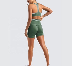 Wholesale Sexy Reversible Yoga Set Short Sleeve <b>Padded</b> Bra <b>Butt</b>-Lifting Short Set - Product Image 3