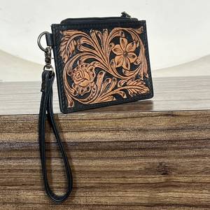 Vintage Hand Tooled Genuine Leather Slim <b>Card</b> <b>Holder</b> Wallet Western Rustic Floral Design Zipper Wristlet Coin Pouch for Women - Product Image 3
