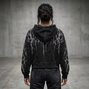 Sweat-shirt à capuche court noir personnalisé pour homme, avec strass, motif éclair et effet déchiré, style streetwear, pour grossistes - Product Image 4