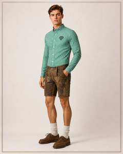Ensemble de costume traditionnel bavarois allemand pour homme, Lederhosen personnalisé de qualité supérieure, short en cuir authentique, chemise à carreaux verts - Product Image 1