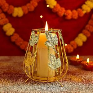 Golden Leaf Design Brass <b>Lantern</b> <b>Candle</b> <b>Holder</b> for Home Decoration Heat Resistant Metal <b>Candle</b> <b>Holder</b> - Product Image 1