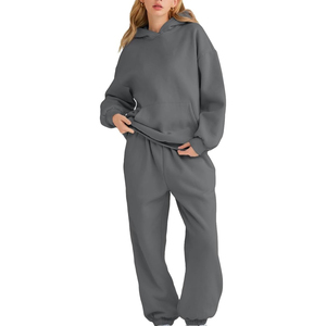 Conjunto de Sudadera con Capucha Gris Unisex, Sudadera con Capucha Oversize, Sudadera Corta con Capucha, Pantalones de Felpa, Diseño de Bolsillo de Color Sólido, Ropa Casual de Otoño - Product Image 4