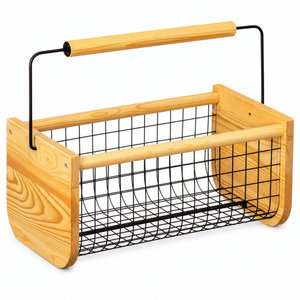 Panier en fil de fer en bois de pin naturel avec poignée en bois, chariot de rangement portable pour produits frais - Product Image 2