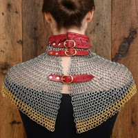 Collier de haubeurque en maille de chaîne en acier doux, laiton poli, riveté plat 9MM, bord en zigzag, armure médiévale traditionnelle, OEM personnalisé