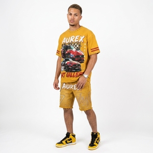 Custom <b>Men's</b> Summer Streetwear Set Cropped T Shirt Shorts <b>Studded</b> Acid Wash 100% Cotton Screen Printed Outfit - Product Image 5