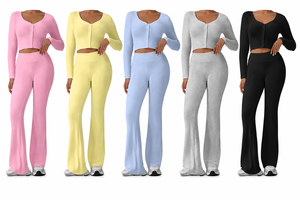 Conjunto de yoga de dos piezas para mujer, talla grande, cintura alta elástica, tejido de punto acanalado de peso medio, top corto de manga larga - Product Image 2