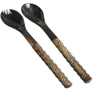 Juego de Servidores de Ensalada de Cuerno Natural Hechos a Mano, Cuchara y Tenedor para Servir, Vajilla Rústica Única, Utensilios de Cocina Tradicionales para el Hogar - Product Image 1
