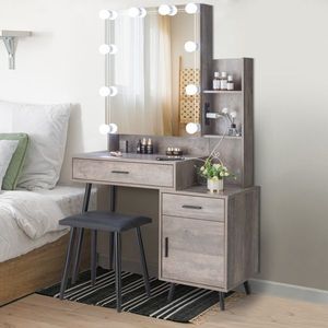 FCH 2-Drawer 1-Door 2-Shelf Grey Dressing <b>Table</b> Set <b>Mirror</b> Cabinet 3-Light Bulbs Triamine Veneer Iron Legs Makeup Vanities - Product Image 1