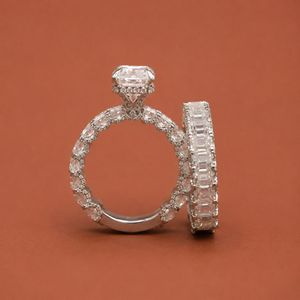 <b>Emerald</b> Cut Moissanite Diamond Studded In 925 Silver Wedding <b>Band</b> <b>Ring</b> Set For Women - Product Image 6