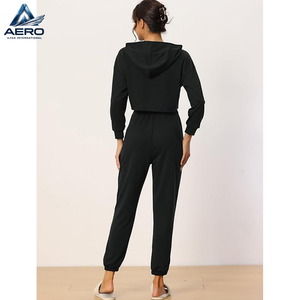 Plain Black Color Long Sleeve Cropped Hoodie And Jogger <b>Sets</b>, Fitness Gym Wear Women Clothing Comfort Fit Outfits <b>Set</b> - Product Image 2