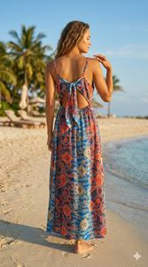 Vestidos Casuales Maxi de Talla Única, Estilo Bohemio, de Seda, Corte A, Estampado Floral, Cuello en V, Sin Mangas, Estilo Coreano, para Verano - Product Image 3