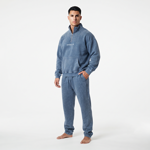 Conjunto de Sudadera Casual de Dos Piezas para Hombre, de Algodón con Lavado Ácido, Cuello Alto y Media Cremallera, Ajuste Holgado, Alta Calidad, Venta al por Mayor - Product Image 1
