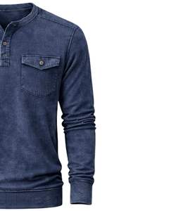 Sudadera Henley de Manga Larga para Hombre, Lavado Ácido, Azul Marino, Estilo Casual con Botones y Bolsillos, Prenda de Invierno, Algodón, Corte Ajustado - Product Image 4