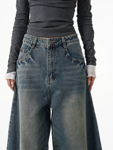 Pantalones Cargo Casuales de Cintura Alta, Pierna Ancha, Transpirables, con Bordado, en Mezclilla Oscura, 100% Algodón, Lavado Ácido, Ligeros, para Mujeres y Parejas - Product Image 5