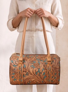 Bolsa de Viaje de Lujo de Cuero Genuino Hecha a Mano con Grabado Floral, Bolsa de Fin de Semana con Cremallera, Ecológica, de Poliéster, 7 Pulgadas, para Mujer - Product Image 5