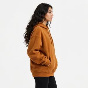 Sudadera con Capucha Extra Grande de Felpa Color Naranja Quemado para Mujer, con Bolsillo Tipo Canguro, Fabricante de Ropa con Etiqueta Privada OEM - Product Image 3