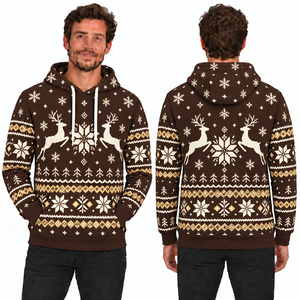 Men's Brown Christmas Solid Fleece Pullover Hoodie with Pocket Design Eco-Friendly Polyester Casual Winter - Product Image 1