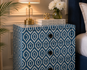 Handmade Durable Blue Patterned Wooden Nightstand with 2 Drawers Modern Design for Hotel & Dining Rooms Bedroom Storage - Product Image 4