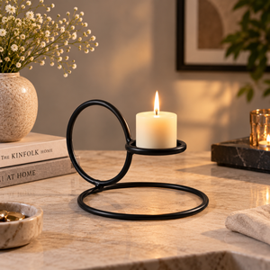 Porte-bougie contemporain en métal noir |   Support de bougie de table à poignée ronde pour salon, salle à manger, décoration de la maison, cadeau décoratif - Product Image 2
