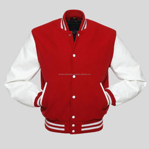 Wholesale Custom Men's Spring Letterman Style Varsity Jacket Red Wool White <b>Vinyl</b> Leather <b>Sleeves</b> Reversible Windproof - Product Image 1