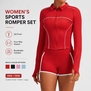 Ensemble de combinaison sportive 2 pièces pour femme, fermeture éclair sur le devant, manches longues, short cycliste, respirant, tenue de yoga, OEM ODM - Product Image 1