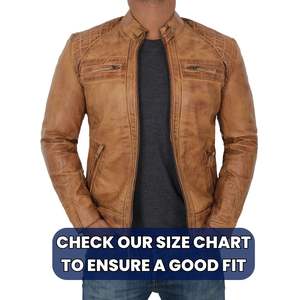 เสื้อแจ็คเก็ตหนังผู้ชายสไตล์คาเฟ่เรเซอร์ แบรนด์ Outfitize ดีไซน์แขนเสื้อลายทางย้อนยุค หนังแพะแท้ ทรงเข้ารูป สไตล์ไบค์เกอร์ - Product Image 5