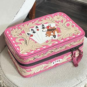 Premium Hand <b>Tooled</b> Floral <b>Pink</b> Leather Makeup organizer Jewelry Case Genuine Cow Leather Poker Card Design Travel Jewelry <b>Box</b> - Product Image 4