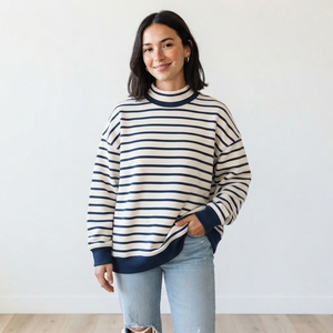 Ladies Loose Fit Mockneck Sweatshirt Oversized Striped Design <b>Long</b> <b>Sleeve</b> Contemporary Streetwear <b>Top</b> - Product Image 1