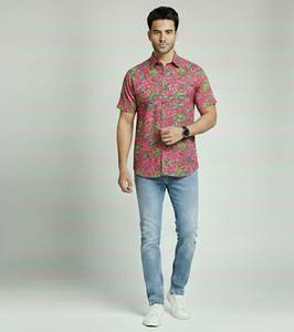 Camisas de Algodón con Estampado de Bloques Suaves para Niños y Hombres, Ropa Cómoda con Patrón Floral para Hombres para Fiestas - Product Image 1