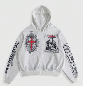 Custom Graphic Zip Up Hoodie Mens Y2K <b>Gothic</b> Streetwear Oversized Vintage Full Zip Sweatshirt Heavyweight Fleece Cross <b>Jacket</b> - Product Image 1