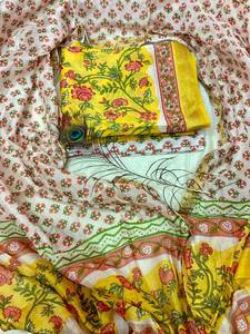 Traje Tradicional Maheshwari de Seda con Dupatta de Seda con Estampado Artístico a Mano y Parte Inferior de Algodón Cambric, Ropa India - Product Image 1
