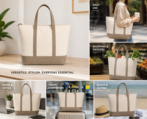 กระเป๋าผ้าแคนวาสมีซิป สูง 40 ซม. ผ้าแคนวาสธรรมชาติ สีพื้น สไตล์มินิมอล กระเป๋าช้อปปิ้ง - Product Image 4