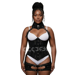 Corset sexy en daim noir pour femme, avec armatures en acier, harnais pour les jambes et le cou - Product Image 1