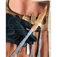 Ensemble de couverts en acier forgé à la main de style viking, étui en cuir, 4 pièces, ustensiles de camping, cuillère, fourchette, couteau, ensemble de repas rustique pour l'extérieur