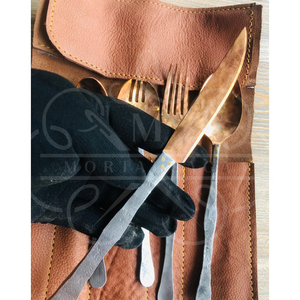 Ensemble de couverts en cuivre forgé à la main avec étui en cuir, 4 pièces, ustensiles de camping, cuillère, fourchette, couteau, ensemble de repas rustique pour l'extérieur - Product Image 5