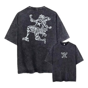 T-shirt oversize en coton 100% avec imprimé graphique d'anime japonais, style streetwear, délavé, manches courtes, décontracté, tendance urbaine pour hommes - Product Image 5