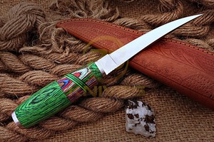 Custom Handmade <b>Boning</b> Fillet <b>Knife</b> Stainless Steel Blade Colorful Pakka Wood <b>Handle</b> with Leather Sheath - Product Image 5