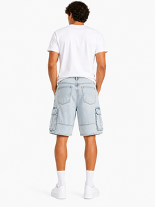 Shorts cargo en denim bleu clair pour hommes, coupe décontractée, style utilitaire, décontracté, pour l'été, multi-poches, streetwear, délavé - Product Image 4